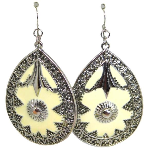 Engraved Mandala Design Earrings Pierced Silver & Cream Color Tone Statement 2" - Picture 1 of 6